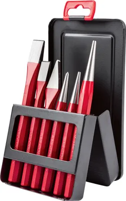 A set of punches and chisels in a black holder, with a black case in the background.