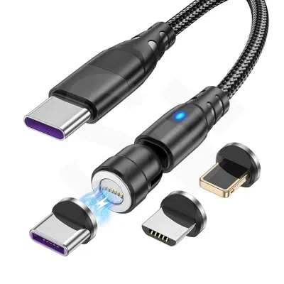 Obrázok produktu pre 100 W rýchlonabíjací kábel pre smartfóny, notebooky a tablety, 3 v 1 magnetický nabíjací kábel USB-C, Lightning, Micro USB, adaptér USB na USB-C, 1,8 m, čierny
