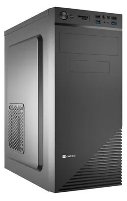 A black computer tower case is shown from a three-quarter front angle against a light gray background.
