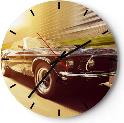 Produktbild von Wanduhr - Rund - Glasuhr - Auto Cabrio - 30x30cm - Schleichendes Uhrwerk - Lautlos - zum Aufhängen bereit - Dekoration Modern - Wanddekoration aus Glas - C3AR30x30-3626