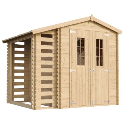 A wooden garden shed with an attached wood storage area, shown from the front.