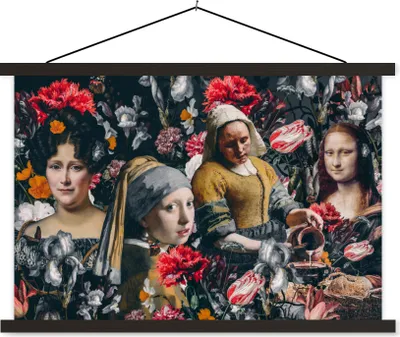 Produktbild von MuchoWow® Textilposter Malerei - Collage - Alte Meister - Blumen 150x100 cm mit schwarzem Rahmen - Schlafzimmer