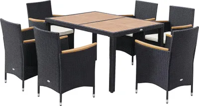 Image de Outsunny Ensemble salon de jardin 6 personnes grande table š€ manger rectangulaire + 6 fauteuils & coussins lavables acier ršŠsine tressšŠe PE bois d'acacia noir et beige