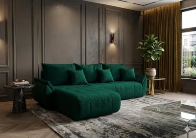 Image de Canapé d’angle SYDNEY gauche vert velours Monolith 37 - fonction couchage, coffre de rangement pour la literie