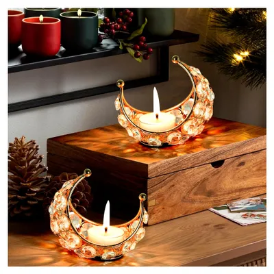 Produktbild von 2 Stück Mond Kerzenständer, Ramadan Deko Teelichthalter, Kerzenhalter Gold, Vintage Teelichthalter, Tischdeko für Hochzeit, Weihnachten und Eid Mubarak