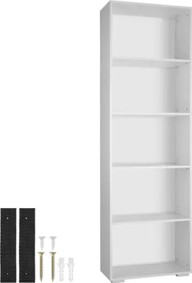 A white bookshelf with included hardware for mounting.