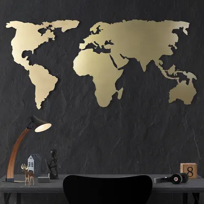 Produktbild von Wallity, World Map Silhouette - Gold, Wanddeko, Gold, Metall, 60 x 120 cm