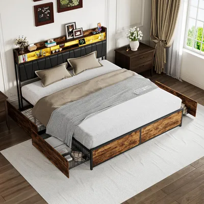 Image de Lit double ProximaX en métal, dimensions 180x200 cm, avec tête de lit LED, station de charge USB et grand coffre de rangement – lit moderne avec espace de rangement pour chambre à coucher