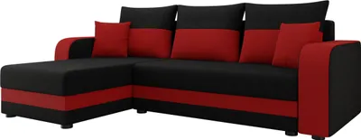 A black and red sectional sofa with a chaise lounge is shown against a white background.