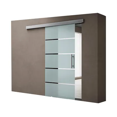 Produktbild von doporro Glasschiebetür komplettset Softclose 77,5 x 205cm Schiebetür mit ESG 15mm Wandabstand Zimmertür 5-Milchglas-Streifen mit Stangentürgriff