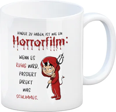 Produktbild von Teufelchen Kaffeebecher mit Spruch Kinder zu haben ist wie ein Horrorfilm