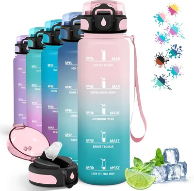 Image de Bouteille d'eau - Bouteille de sport - Hydratation - Indicateur de temps motivant - 1 litre - Rose et vert