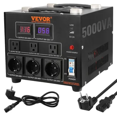 Produktbild von VEVOR Spannungswandler Transformator, 5000VA, Schwerlast Step Up/Down Transformator, Wandelt von 110 Volt auf 220 Volt und von 220 Volt auf 110 Volt, mit US-Steckdose EU-Steckdose 5V USB-Anschluss, , 5000VA