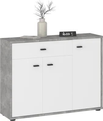 Produktbild von Kommode VIKA Betonoptik/weiß - schmale Flurkommode mit Schublade und 3 Türen, ideal für schmale Räume Kommode mit Stauraum schwarze Griffe