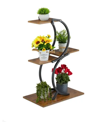 Image de Étagère pour plantes, pour 5 pots de fleurs, intérieur, noire et marron