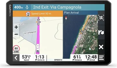 A Garmin GPS device displaying a navigation map with route information.