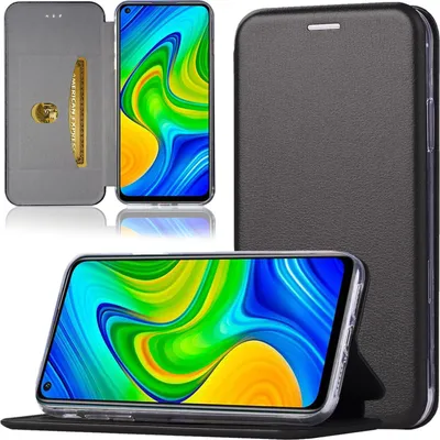 A black flip case for a smartphone, shown in multiple views, including open and closed.