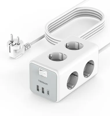 Produktbild von TESSAN 6 Fach Mehrfachsteckdose mit USB C, 5M Verlängerungskabel – Größe 5 Meter, 6 Fach mit USB C