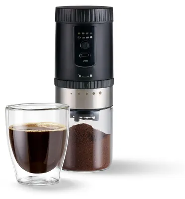Produktbild von Tchibo akkubetriebene Kaffeemühle, Glas-Auffangbehälter, Edelstahl-Mahlgradring, 5 Mahlgradeinstellungen, Schwarz/Silber