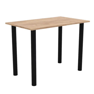A product shot of a table with a wooden top and black legs, isolated on a white background.