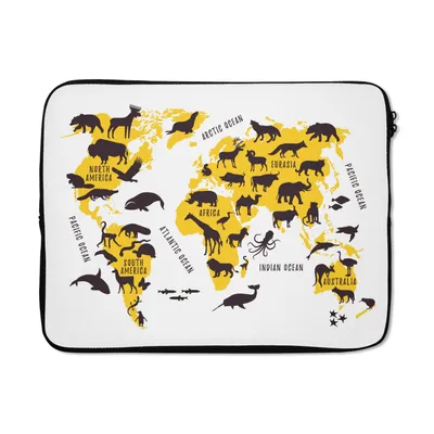 Produktbild von MuchoWow® Laptop Hülle 17 Zoll Laptoptasche Weltkarte - Tiere - Gelb - Zipper - Schutzabdeckung
