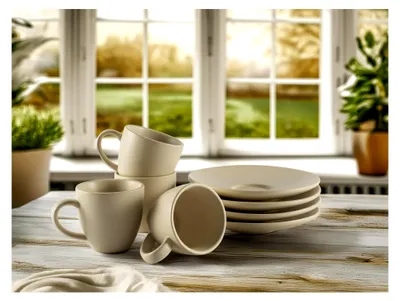 Produktbild von Espressotassen Set aus Steingut – 4er Set, handgefertigt und dickwandig, Steingut Espresso Tassen mit Untertassen (Beige, 75ml)