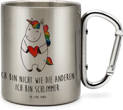Produktbild von Mr. & Mrs. Panda Thermobecher Einhorn Herz - Transparent - Geschenk, Isolierbecher, Teetasse, Edelstahl-Isolierbecher, Anders, Freundin, thermotasse, Unicorn, Einhörner