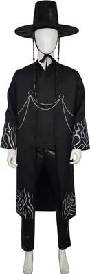 Produktbild von Koreanisches Anime-Cosplay-Kostüm: Schwarzes Flammen-Gewand, Hemd, Hose, Hut-Set – Schurken-Rollenspiel-Outfit für Kinder, Halloween, Karneval, Aufführung