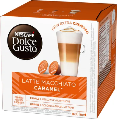 Produktbild von Nescafé Dolce Gusto Caramel Latte Macchiato, Karamell, Kapseln, Kaffeekapsel, Café, Coffee, Kaffee, 16 Kapseln (8 Portionen)