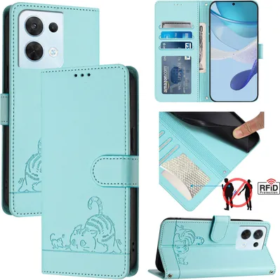 Produktbild von Leder Hülle für Oppo Reno8 Süße Katze Flip Case Brieftasche Schutzhülle mit Standfunktion hellgrün
