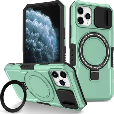 Produktbild von Handyhülle für iPhone 11 Pro Kompatibel mit MagSafe, Robuste Hülle mit Schiebe Kamera Schutz, Magnetischer Ringständer Grün