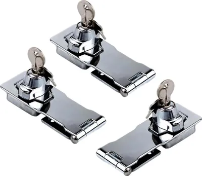 Produktbild von 3er Set 105mm x 40mm abschließbare Überfalle mit Schloss und 2 x Schlüssel |  Sicherheitsüberfalle inkl. 6 x Schrauben | Aufschraubschloss | Möbelschloß | Schrankschloss | Vorhängeschloß | Türriegel