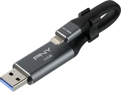 Produktbild von PNY Duo-Link 3.0, 64 GB, USB Type-A / Lightning, 3.2 Gen 1 (3.1 Gen 1), Ohne Deckel, Grau