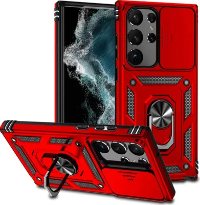 A red phone case with a sliding camera cover and a ring holder is displayed from multiple angles against a white background.