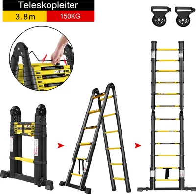 Produktbild von LZQ teleskopický rebrík 3,8 m hliníkový teleskopický rebrík protišmykový hliníkový rebrík skladací rebrík výsuvný rebrík rebrík teleskopický dizajn viacúčelový rebrík max. nosnosť 150 kg skladací (1,9 + 1,9 M)