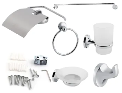 Produktbild von 6-teiliges Wandmontage-Badezimmer-WC-Zubehör-Set, Handtuchhalter, Zahnbürste, Seifenpapierhalter