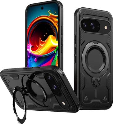 Produktbild von Dual Layer Hülle für Google Pixel 9 / 9 Pro Metall Ring Ständer Magnetisch Stoßfest Militär Handyhülle Schwarz