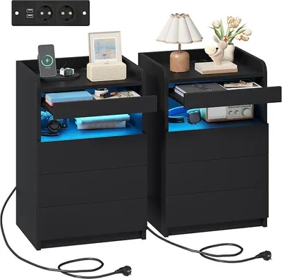 Imagen del producto de Juego de 2 mesitas de noche con lámpara LED regulable y 3 cajones