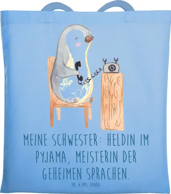 Produktbild von Mr. & Mrs. Panda Shopping Tasche Schwester Heldin - Sky Blue - Geschenk, einzigartige Designs, Familiengeschenk, Jutebeutel, canvas, Geschenke, Geheimsprache, Uni