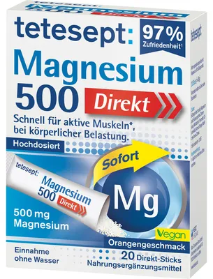 Produktbild von Tetesept Magnesium 500 Direkt Sticks mit Orangengeschmack für aktive Muskeln, bei körperlicher Belastung, 20 St. Sticks