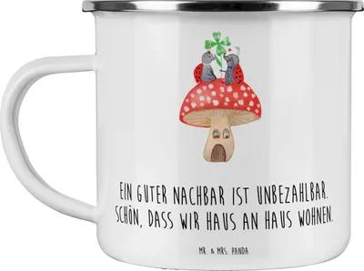Produktbild von Mr. & Mrs. Panda Teetasse Guter Nachbar - Weiß - Geschenk, Bedanken, Emaille Tasse, Pott, Danke, Vertrauen, Dankeschön, becher, Blechtasse, Aufmerksamkeit, Gemeinschaft