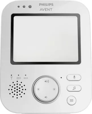 A white Philips Avent video baby monitor is shown from the front against a white background.