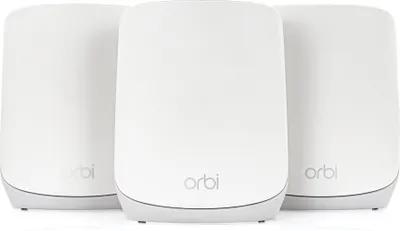 Three white Orbi routers are arranged in a row against a white background.
