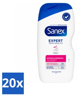 Imagen del producto de 20 unidades de gel de ducha Sanex Expert Skin Health, hipoalergénico, de 400 ml. Paquete económico
