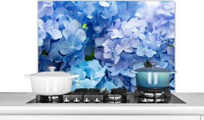 Obrázok produktu pre KitchenYeah® Splashback - kuchynský splashback - ochrana steny sporáka a drezu - hortenzie - kvapky vody - kvetinový - botanický - modrý 80x55 - Alu-Dibond (alternatíva skleneného splashbacku) - H