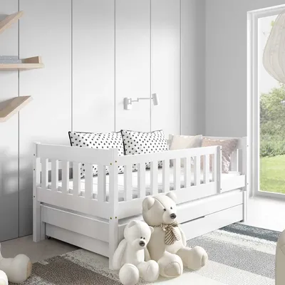 Produktbild von Kinderbett 160 x 80 cm mit Matratze, Unterbett und Schublade, Doppelbett mit Rausfallschutz Weiß KAJA
