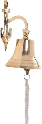 A brass ship's bell with an anchor mount and a rope pull, shown against a white background.