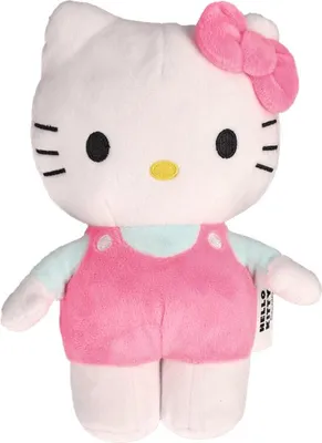A plush toy of Hello Kitty wearing a pink outfit and a light blue shirt.