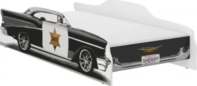 A child's bed designed to look like a vintage police car.