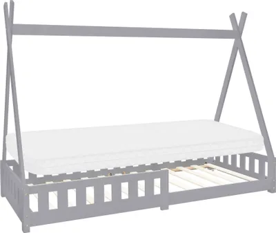 A grey wooden tipi-style bed frame with a white mattress and wooden slats.